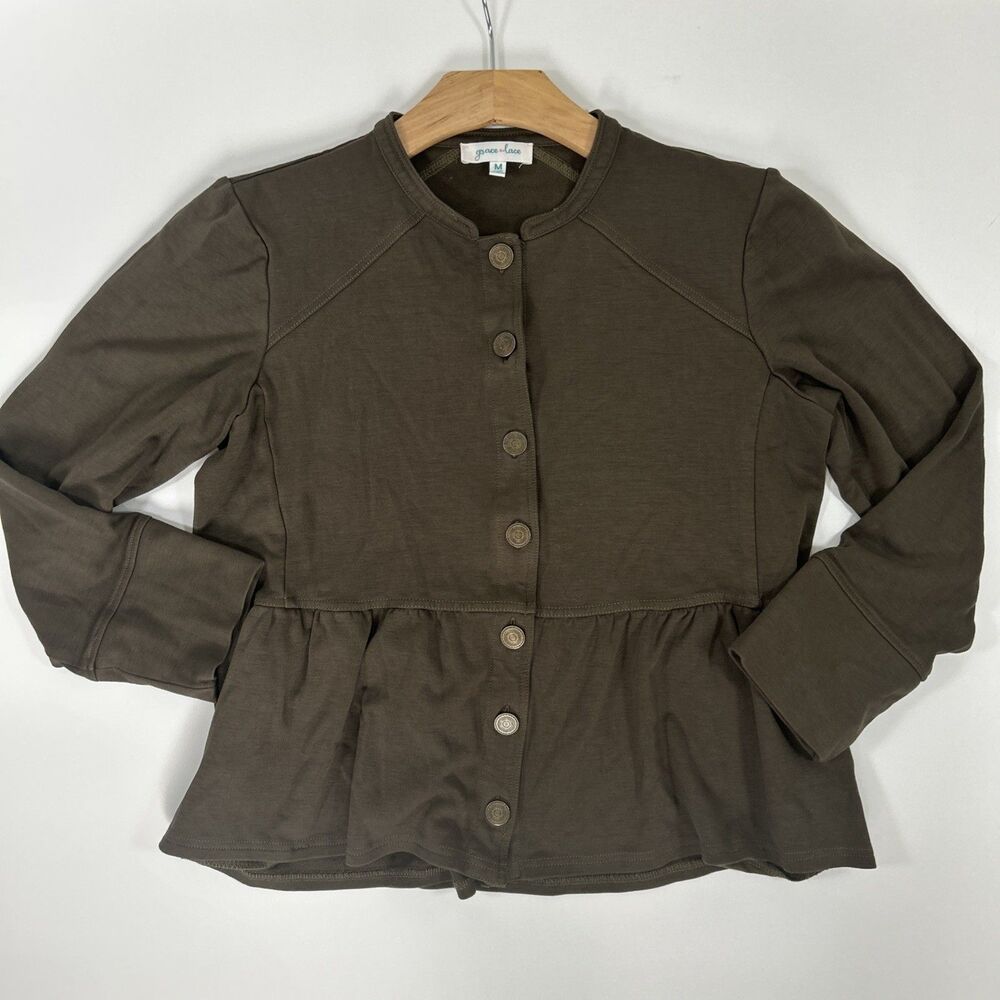 Grace & Lace Women’s Top Medium Olive Green Baby Doll Ruffles Long Sleeve Pocket